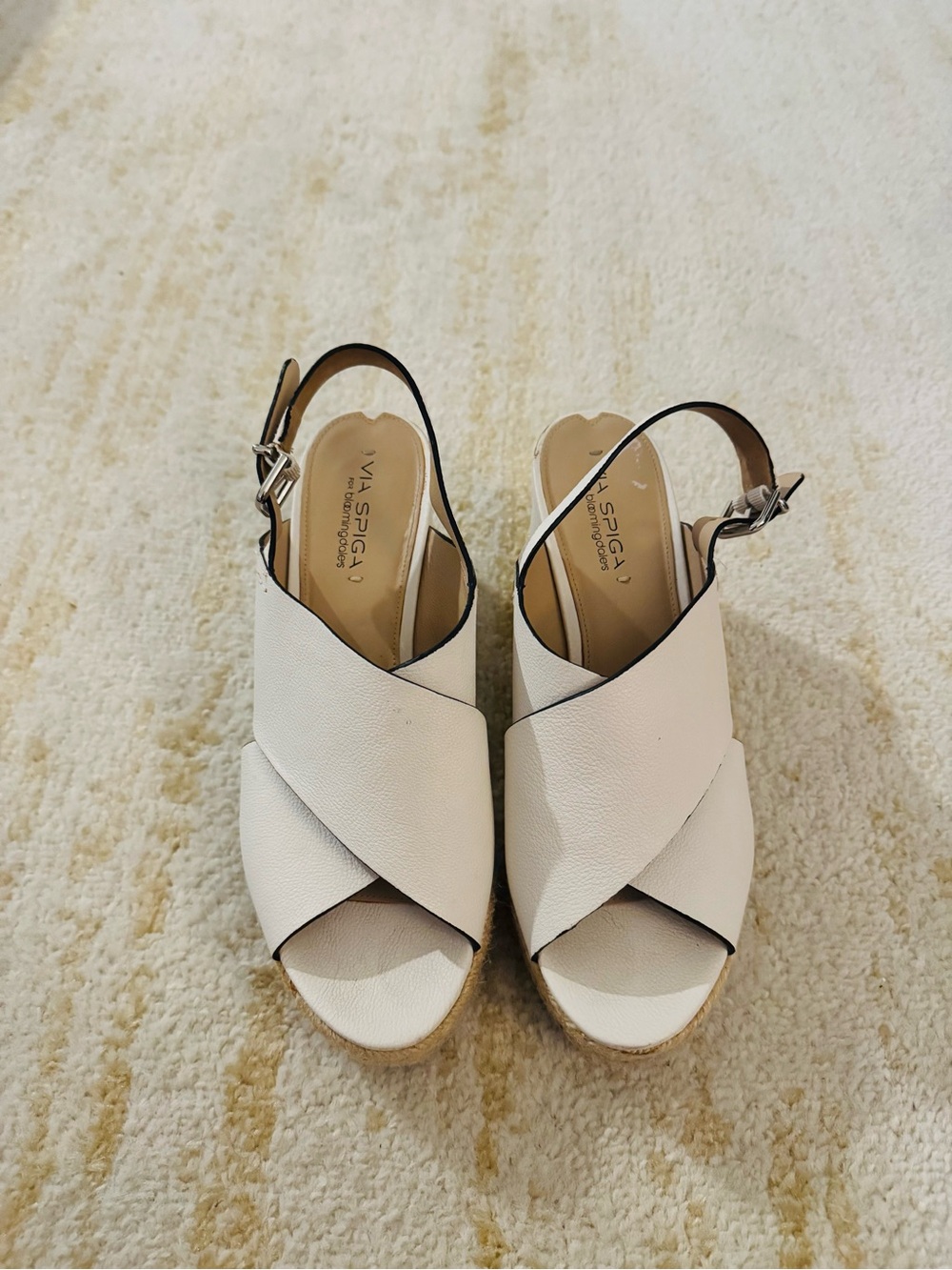 Via Spiga Cream Cross‑Strap Slingback Wedge Sandals